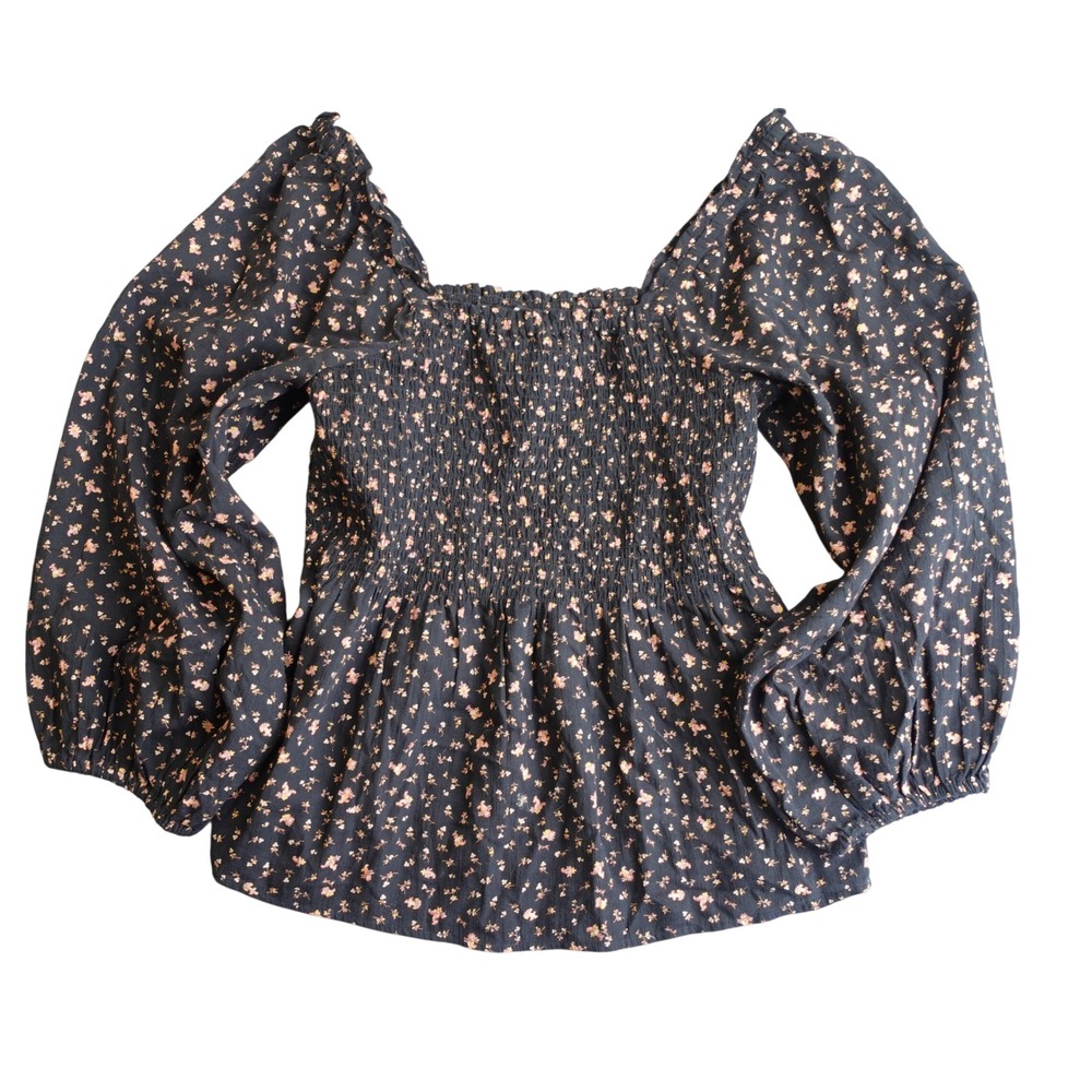 Madewell Smocked‎ Puff Sleeve Top 12 Black Floral Cottage Romantic Boho Cotton
